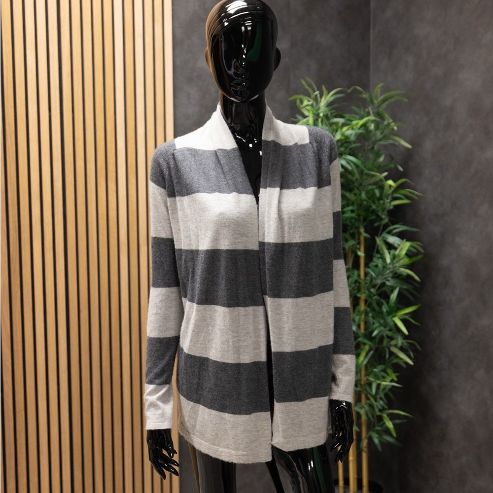 Theory Gray and White Striped Cardigan Sweater
